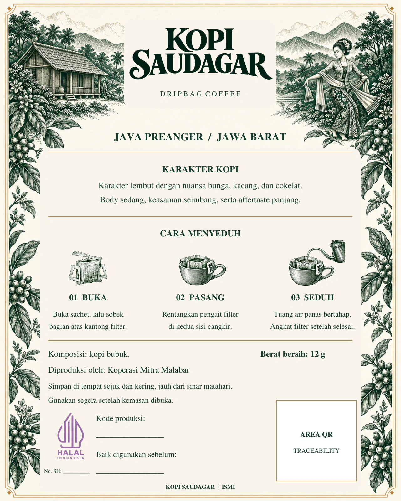 Desain belakang kemasan Kopi Saudagar Java Preanger