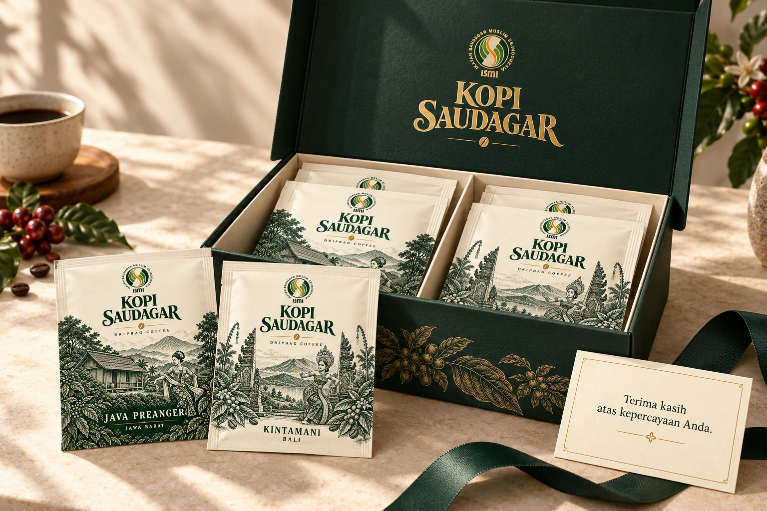 Mockup gift box Kopi Saudagar warna hijau dengan sachet Java Preanger dan Kintamani serta kartu ucapan