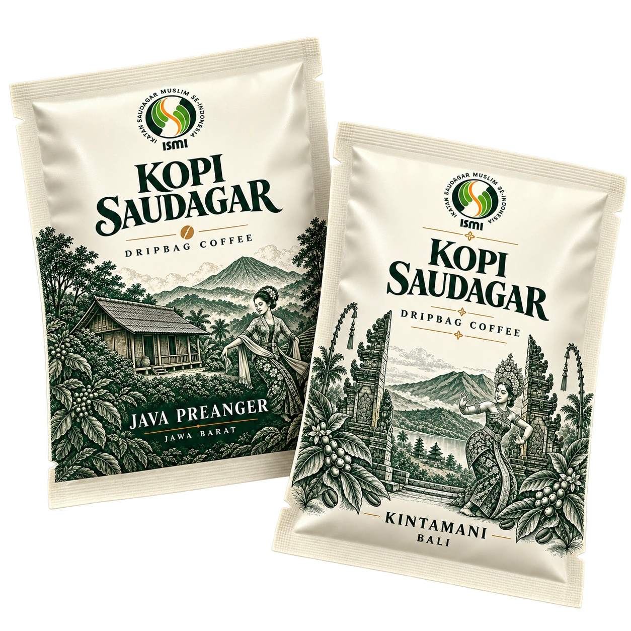 Mockup sachet Kopi Saudagar ISMI Java Preanger dan Kintamani dengan desain kemasan asli