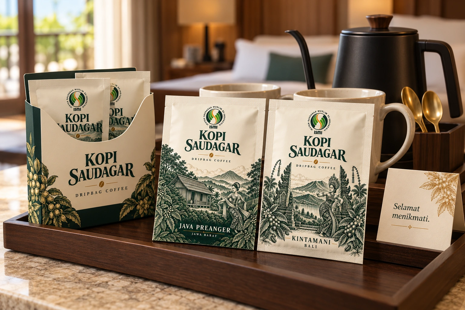 Mockup sachet Java Preanger dan Kintamani dalam penataan coffee tray kamar hotel bersama cangkir dan ketel